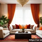 인테리어 코디네이터 이론 정리 방법 - A warm and inviting Arabic-style living room interior featuring creamy beige walls, complemented by ...