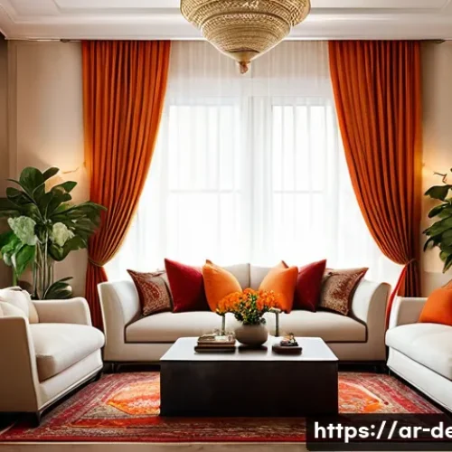 인테리어 코디네이터 이론 정리 방법 - A warm and inviting Arabic-style living room interior featuring creamy beige walls, complemented by ...