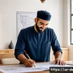 인테리어 코디네이터가 알아야 할 건축법 기초 - A modern interior design office in a Middle Eastern city, featuring an Arab male interior decorator ...