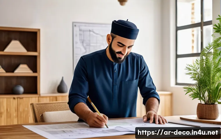 인테리어 코디네이터가 알아야 할 건축법 기초 - A modern interior design office in a Middle Eastern city, featuring an Arab male interior decorator ...