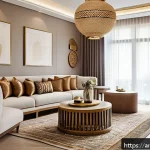 인테리어 코디네이터 시험 기출 문제 분석 - A sophisticated interior design studio scene showcasing an Arabic-inspired living room that harmonio...
