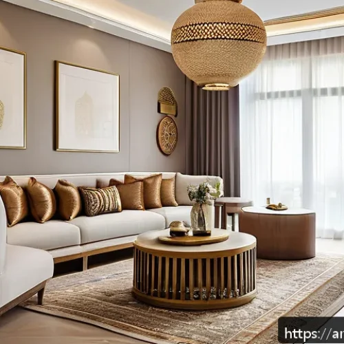 인테리어 코디네이터 시험 기출 문제 분석 - A sophisticated interior design studio scene showcasing an Arabic-inspired living room that harmonio...