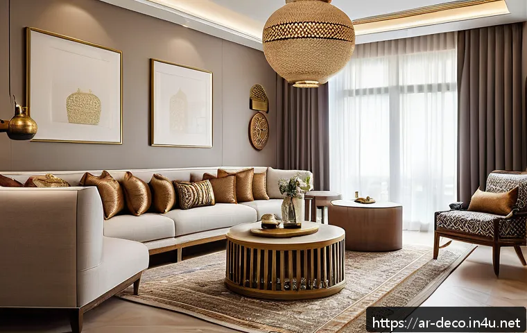 인테리어 코디네이터 시험 기출 문제 분석 - A sophisticated interior design studio scene showcasing an Arabic-inspired living room that harmonio...