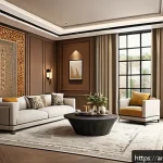 인테리어 코디네이터의 취업 성공 포인트 - A professional interior designer in a modern office setting, engaged in a deep conversation with an ...