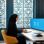 인테리어 코디네이터 경력직 이직 팁 - A modern interior design studio scene showcasing an Arab professional female designer wearing modest...