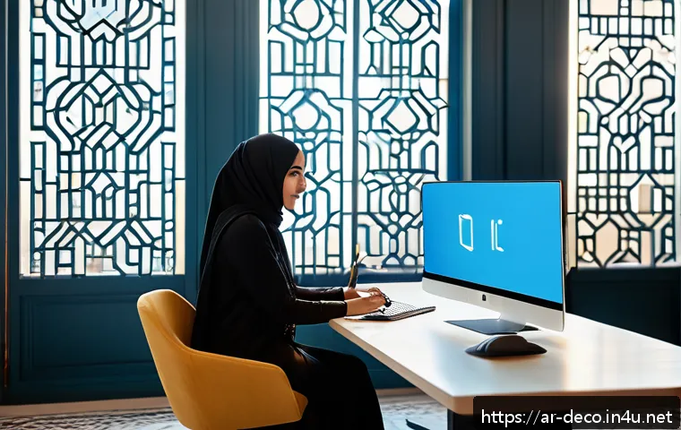 인테리어 코디네이터 경력직 이직 팁 - A modern interior design studio scene showcasing an Arab professional female designer wearing modest...